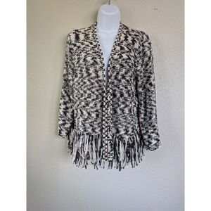 Chico's Fringe Cardigan Sweater Open Front Knit Black‎ White Large Classic Work
